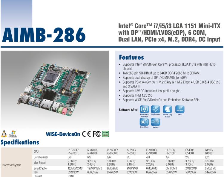 研華AIMB-286 Intel? 第8/9代 Core? i 系列處理器，搭載Intel H310芯片組。超薄設(shè)計，結(jié)構(gòu)緊湊。