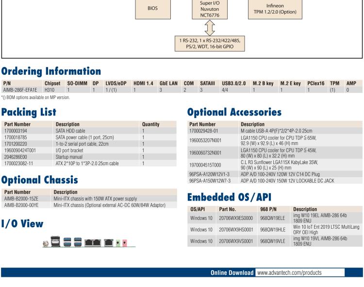 研華AIMB-286EF 適配Intel 第8/9代 Core i 處理器，搭載Intel H310芯片組。擁有1個(gè)PCIe x16插槽。超薄設(shè)計(jì)，接口豐富，是高端應(yīng)用中的高性價(jià)比方案。