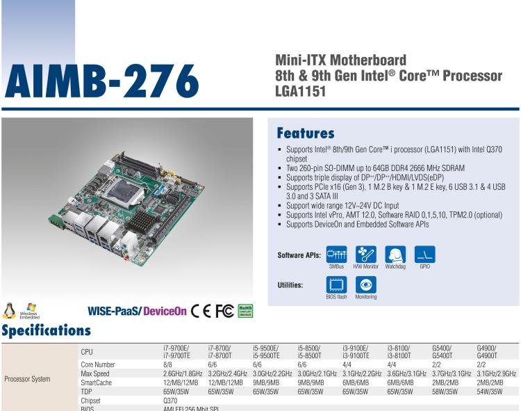 研華AIMB-276 適配Intel 第8/9代 Core?i7/i5/i3 處理器，搭載Q370芯片組。超高性能，是邊緣計算、AI視頻檢測等理想解決方案。