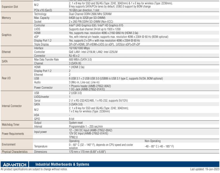 研華AIMB-276 適配Intel 第8/9代 Core?i7/i5/i3 處理器，搭載Q370芯片組。超高性能，是邊緣計算、AI視頻檢測等理想解決方案。