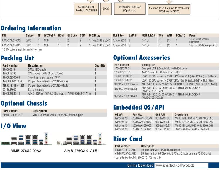 研華AIMB-276 適配Intel 第8/9代 Core?i7/i5/i3 處理器，搭載Q370芯片組。超高性能，是邊緣計算、AI視頻檢測等理想解決方案。