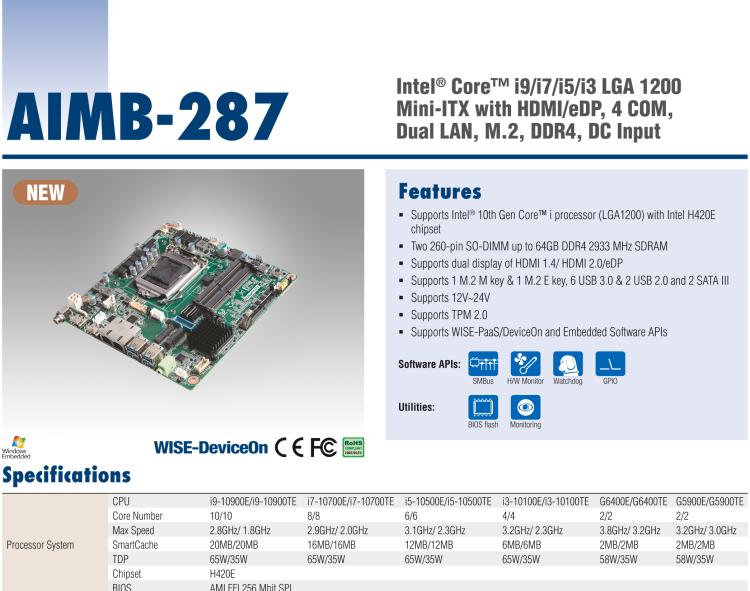 研華AIMB-287 適配Intel? 第10代 Core? i 系列處理器，搭載H420E芯片組。超薄設(shè)計，性能強勁。