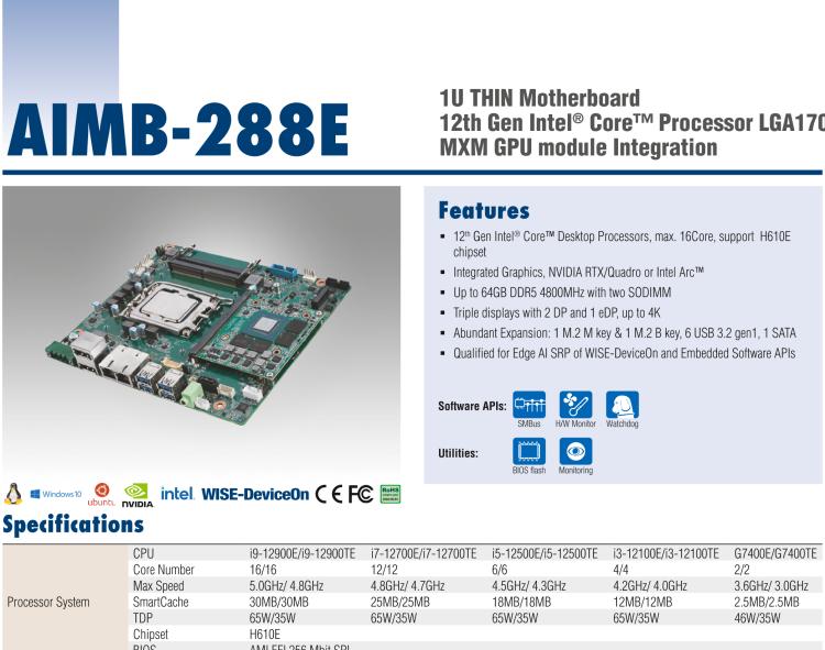 研華AIMB-288E 板載Intel 第12代 Core i 桌面級(jí)CPU。橫向顯卡插槽，搭配NVIDIA Quadro T1000 MXM顯卡。超薄散熱設(shè)計(jì)，高性能選擇方案。