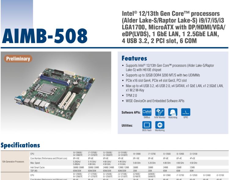 研華AIMB-508 適配Intel 第12/13代 Core i系列處理器，搭載H610E芯片組。擁有豐富的接口，性能強(qiáng)勁，高性價(jià)比解決方案。