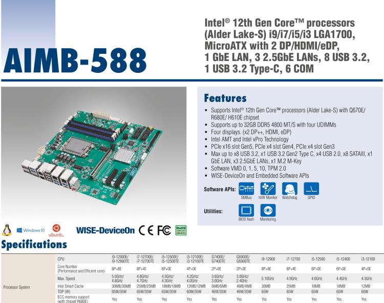 研華AIMB-588 適配Intel 第12代 Core i 系列處理器，搭載Q670E/ R680E/ H610E芯片組。高性能可達(dá)服務(wù)器級(jí)別高端產(chǎn)品，獨(dú)立四顯，專業(yè)的圖像處理能力，是理想的行業(yè)解決方案。