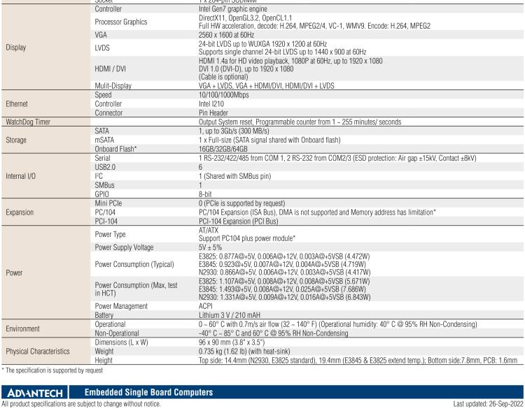 研華PCM-3365 英特爾第四代凌動?Atom?E3825 / E3845＆賽揚?N2930，PC / 104-Plus嵌入式主板，ISA，VGA，HDMI / DVI，LVDS，6 USB，mSATA或板載SSD