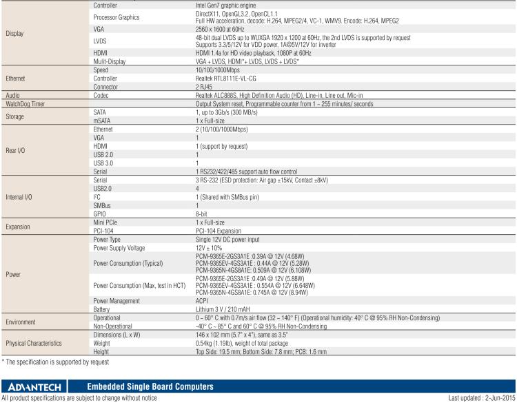 研華PCM-9365 第四代ATOM PCI-104 3.5寸主板, 搭載E3825，N2930 CPU，2GB/4GB內(nèi)存在板，VGA, 18/24-bit LVDS, 2GbE, Mini PCIe, PCI-104, iManager