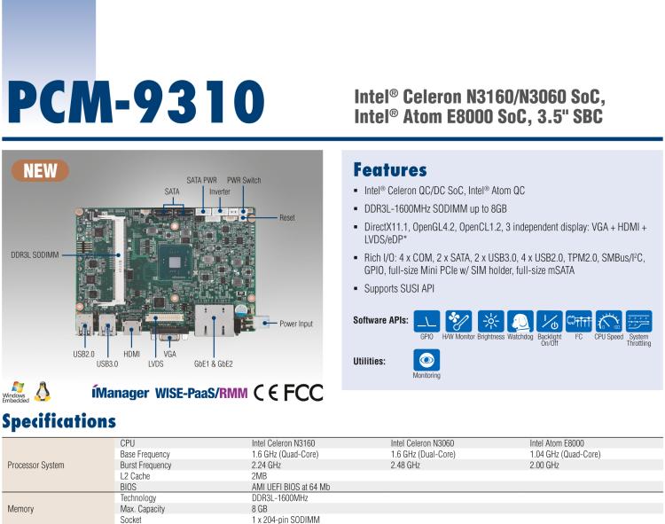 研華PCM-9310 英特爾第五代Atom?賽揚N3160 / N3060 SoC，Intel?Atom E8000 SoC，3.5寸單板電腦，DDR3L，VGA，HDMI，48位LVDS，2GbE，Mini PCIe，mSATA，SUSI API