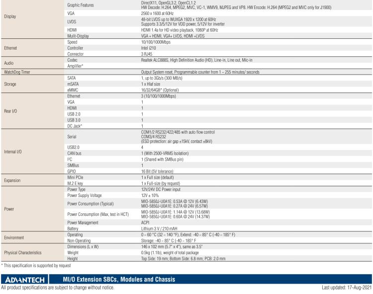 研華MIO-5850 Intel賽揚J1900和Atom?E3825 / E3845,3.5“MI / O-Compact SBC，板載DDR3L，3GbE，iManager 3.0,16位GPIO，CANBUS，板載eMMC，12V / 24V電源輸入