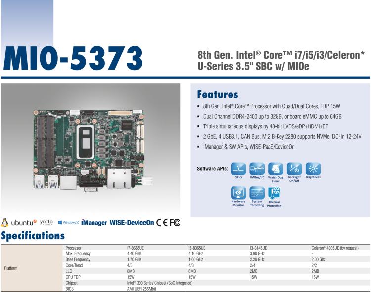 研華MIO-5373 第八代 Intel 低功耗高性能 超極本CPU 3.5寸嵌入式單板，性能提升40%