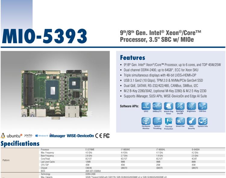 研華MIO-5393 第九代Intel 高性能筆記本CPU 3.5寸小尺寸嵌入式單板，性能提升25%，TDP 45W/25W，支持DDR4 64GB內(nèi)存，2LAN, 4USB 3.1，M.2 2280 Key支持NVMe，-40-85℃寬溫