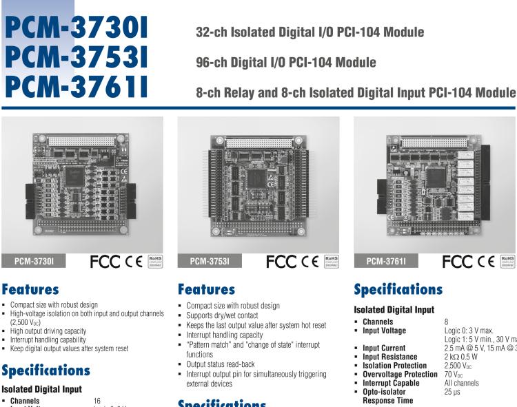 研華PCM-3730I PCI-104，2通,32通道隔離數(shù)字輸入/輸出卡