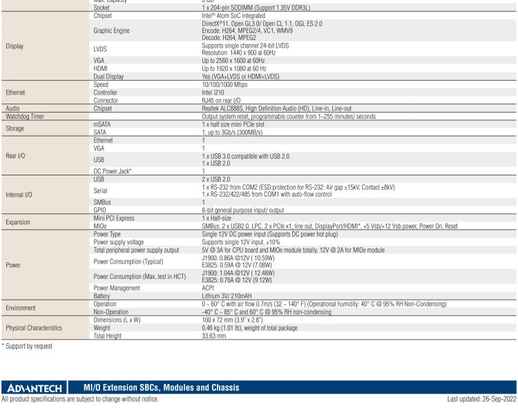 研華MIO-2263 2.5寸Pico-ITX主板，搭載Intel? Atom? SoC E3825/ J1900處理器的2.5寸Pico-ITX單板電腦，采用DDR3L內(nèi)存，支持24-bit LVDS + VGA/HDMI獨立雙顯，帶有豐富I/O接口：1個GbE、半長Mini PCIe、4個USB、2個COM、SMBus、mSATA & MIOe