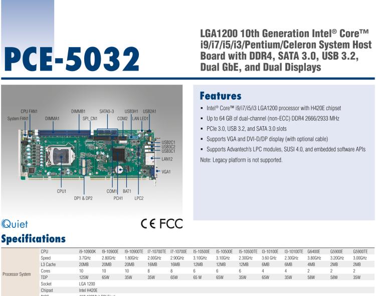 研華PCE-5032 LGA1200 10th Generation Intel? Core? i9/i7/i5/i3/Pentium/Celeron System Host Board with DDR4, SATA 3.0, USB 3.2, Dual GbE, and Dual Displays