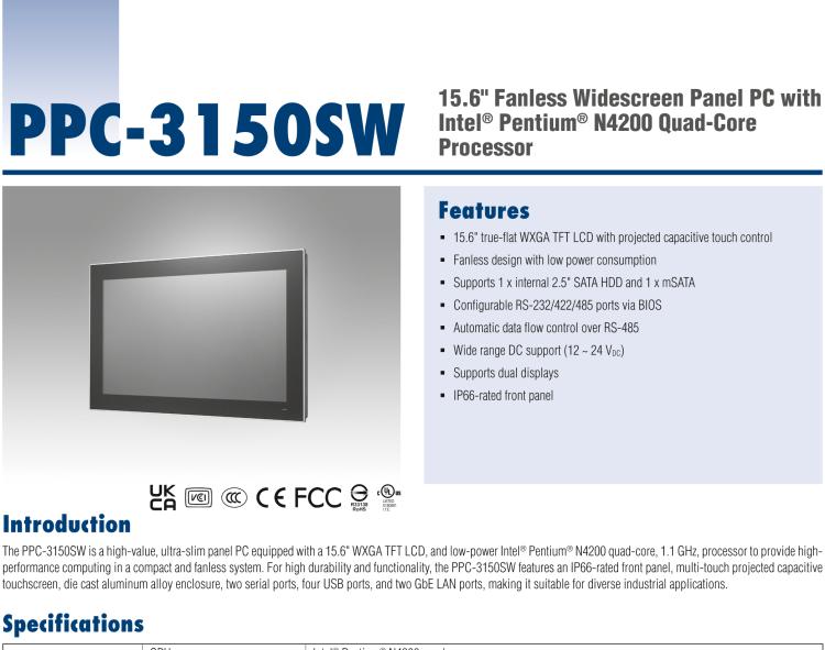 研華PPC-3150SW 15.6" 寬屏無(wú)風(fēng)扇工業(yè)平板電腦，搭載 Intel? Pentium? N4200 四核心處理器