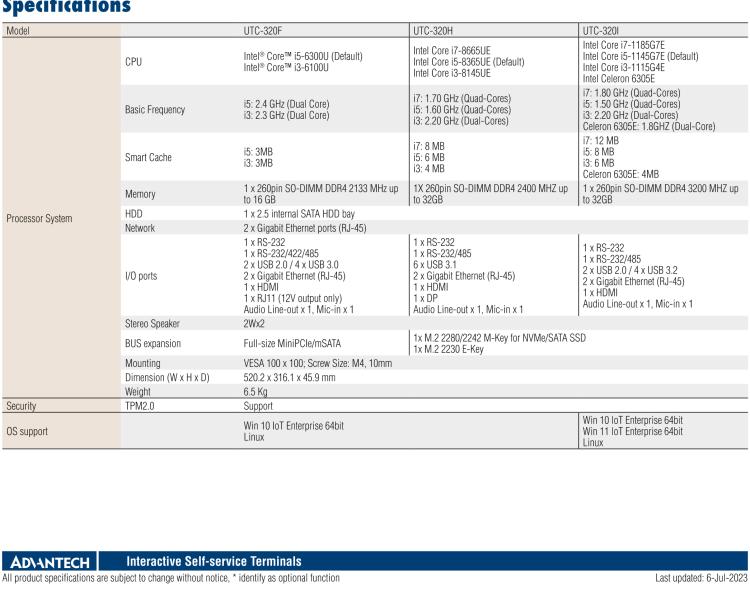 研華UTC-320F 21.5" 多功能觸控一體機 ,內置 Intel? Core? i5-6300U/Core? i3-6100U