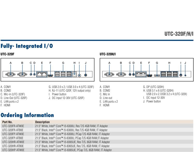 研華UTC-320F 21.5" 多功能觸控一體機 ,內置 Intel? Core? i5-6300U/Core? i3-6100U