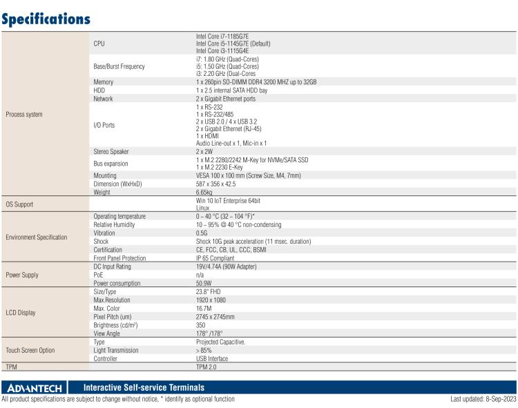 研華UTC-124I3 23.8" Ubiquitous Touch Computer with 11th Gen Intel? Core? i7-1185G7E / i5-1145G7E / i3-1115G4E Processor