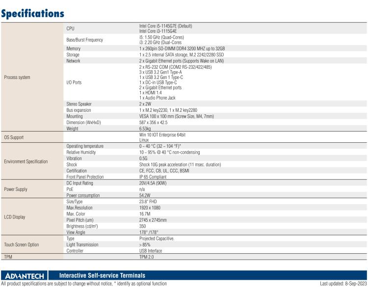 研華UTC-124I1 23.8" Ubiquitous Touch Computer with 11th Gen Intel? Core? i5-1145G7E / i3-1115G4E Processor