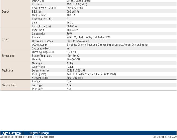 研華DSD-7055 55" 全高清廣告牌顯示器，500尼特亮度，帶SDM插槽