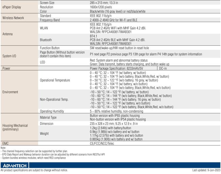 研華EPD-660 13.3"電子紙解決方案，Wi-Fi，用于醫(yī)院床邊卡和智能建筑標(biāo)牌。