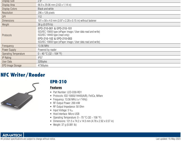 研華EPD-210 2.9" 電子紙解決方案，NFC、無(wú)電池，用于倉(cāng)庫(kù)、物流箱和名片。