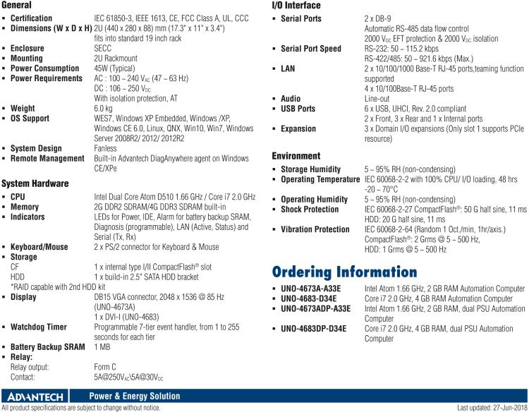 研華UNO-4673A Intel? Atom ? D510 變電站專用機，帶6×LAN, 2×COM, 3×擴展槽