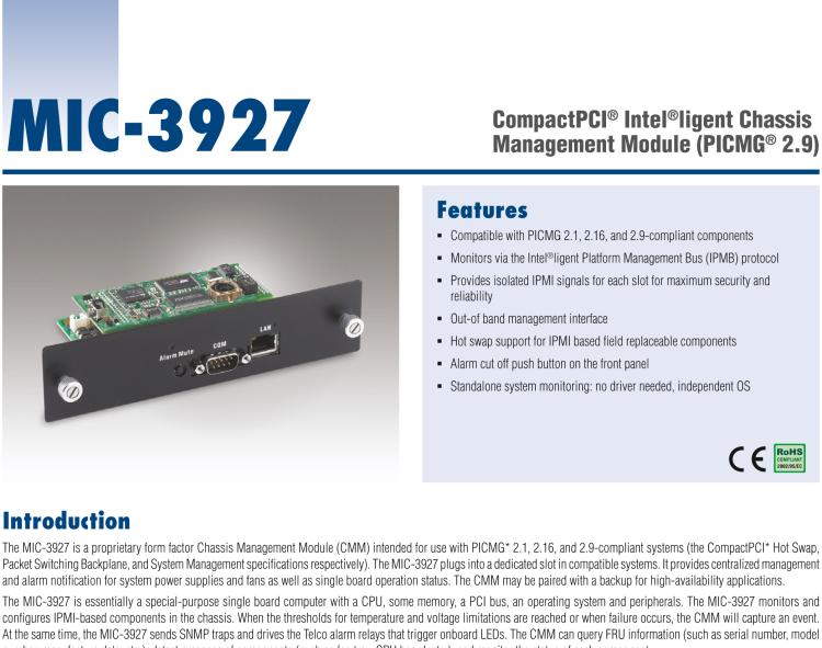 研華MIC-3927 CompactPCI? Intel?ligent Chassis Management Module (PICMG? 2.9)