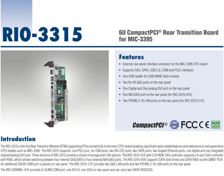 研華RIO-3315 6U CompactPCI? Rear Transition Board for MIC-3395