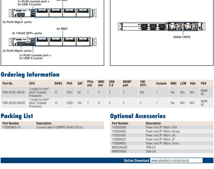 研華FWA-5070 基于Intel?Xeon?處理器可擴展系列1U機架式網絡應用平臺，最高支持4個NMC插槽