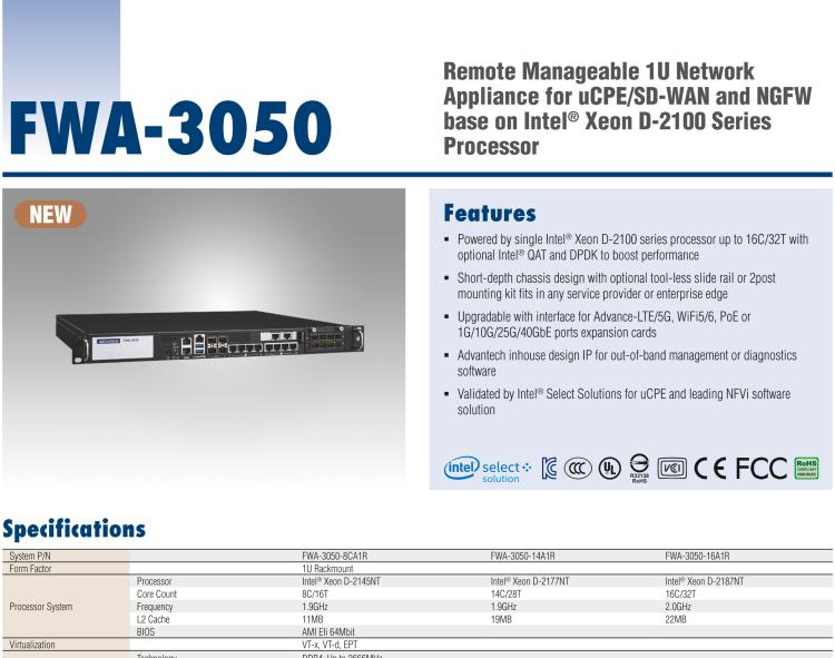 研華FWA-3050 基于Intel?Xeon D-2100系列處理器，用于uCPE和下一代防火墻的遠(yuǎn)程可管理1U網(wǎng)絡(luò)應(yīng)用平臺