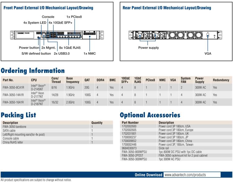 研華FWA-3050 基于Intel?Xeon D-2100系列處理器，用于uCPE和下一代防火墻的遠(yuǎn)程可管理1U網(wǎng)絡(luò)應(yīng)用平臺