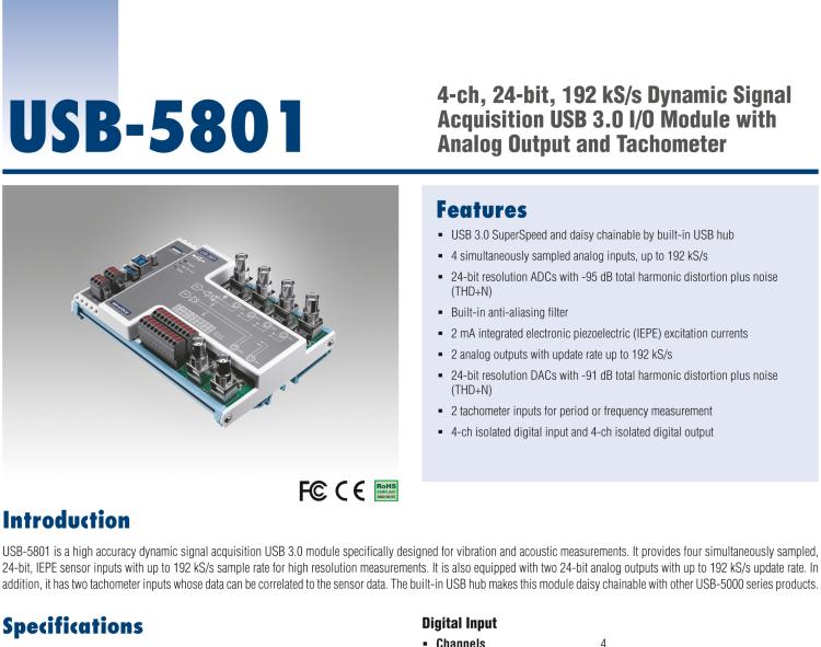 研華USB-5801 4路，24位，192 kS / s的動態(tài)信號采集USB 3.0 I / O模塊使用模擬輸出和轉速計