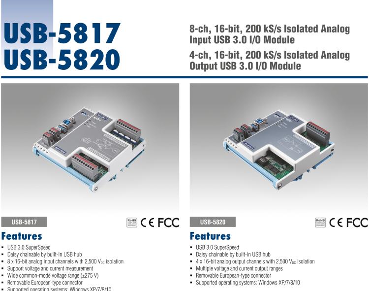 研華USB-5820 4通道，16位，200 kS / s隔離模擬輸出USB 3.0 I/O模塊