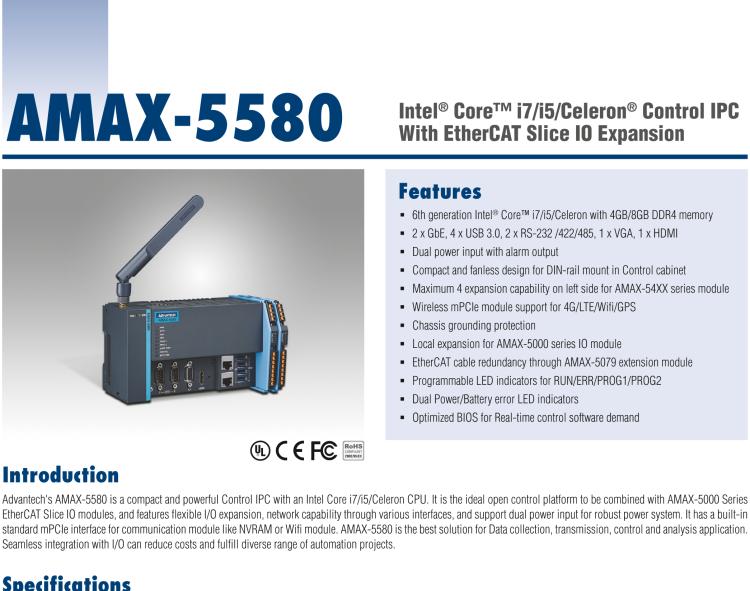 研華AMAX-5580 Intel? Core? i7/i5/Celeron? 邊緣控制器 支持EtherCAT 插片I/O擴(kuò)展