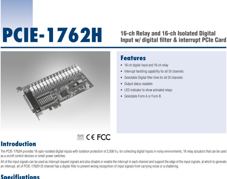 研華PCIE-1762H 16 通道繼電器和 16 通道隔離數(shù)字輸入，帶數(shù)字濾波器和中斷 PCIe 卡