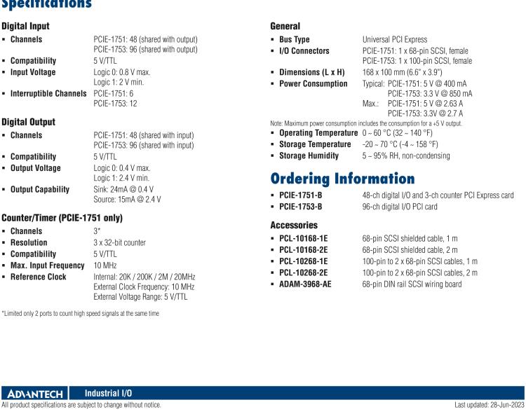 研華PCIE-1751 48 通道PCI Express總線通用數(shù)字 I/O 和計數(shù)器卡