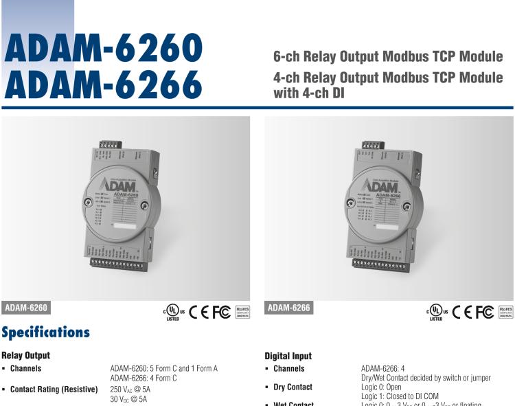 研華ADAM-6266 支持Modbus TCP的4路繼電器輸出模塊，帶4路DI