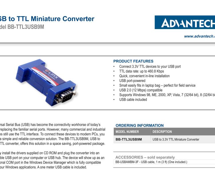 研華BB-TTL3USB9M 串口轉(zhuǎn)換器，USB 2.0至3.3 V TTL DB9 公頭