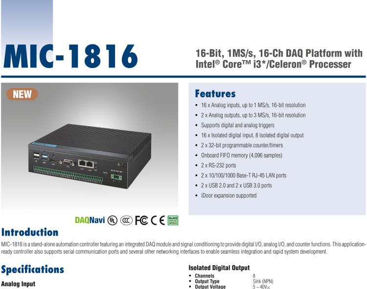 研華MIC-1816 具有Core?i3 /Celeron?處理器的16位，1 MS / s，16通道DAQ平臺(tái)