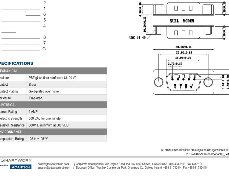 研華BB-31D1-28100 Serial Port Adapter, RS-232 DB9 M, Null Modem