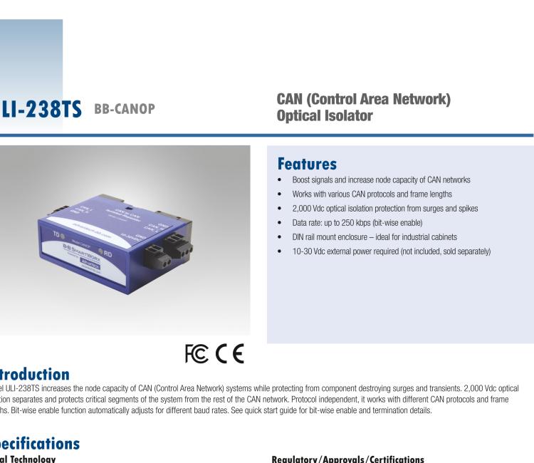 研華BB-CANOP ULI-238TS CAN（控制區(qū)域網(wǎng)絡(luò)）光隔離器/中繼器 端子座連接器