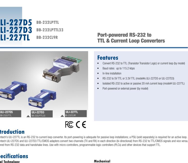 研華BB-232LPTTL33 ULI-227D3 RS-232（DB9母頭）至3.3V TTL（DB9公頭）轉(zhuǎn)換器，端口供電