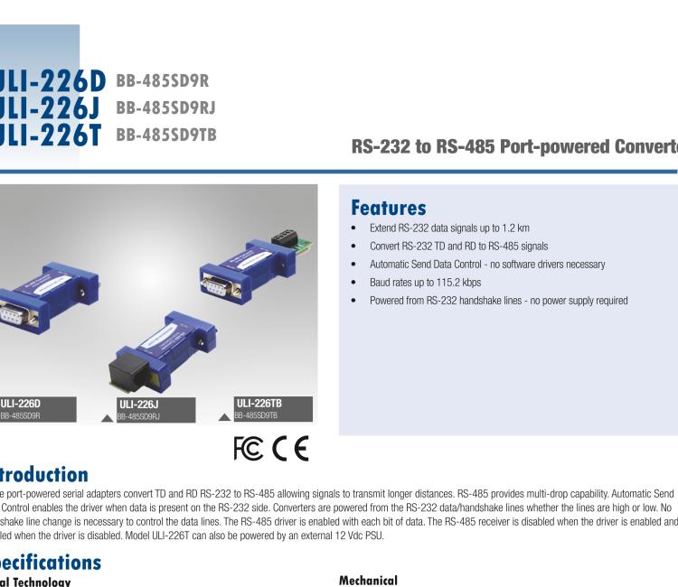 研華BB-485SD9RJ ULI-226J RS-232（DB9母頭）至RS-485 2線（RJ 11）轉(zhuǎn)換器