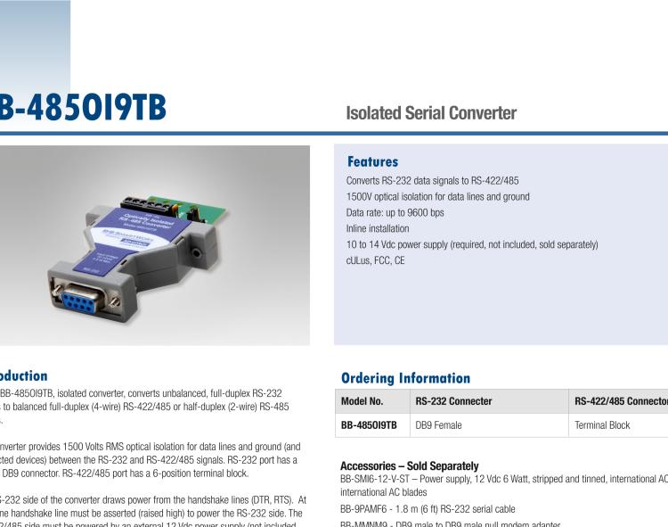 研華BB-485OI9TB 串口轉(zhuǎn)換器，RS-233 DB9母頭至RS-422/485 TB