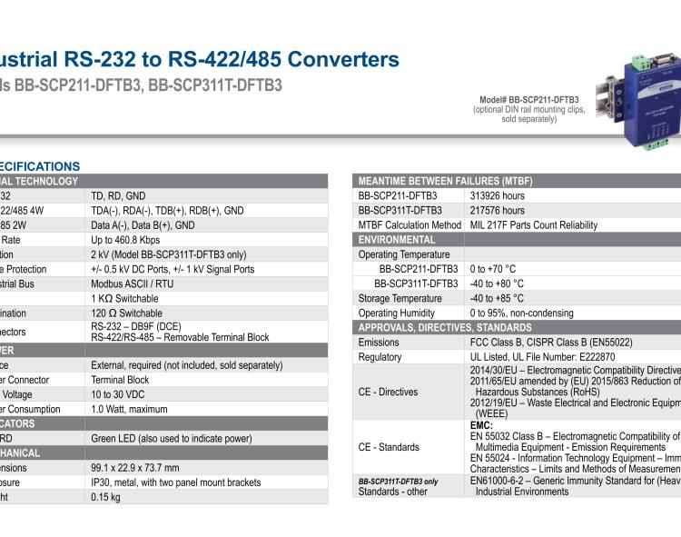 研華BB-SCP311T-DFTB3 ULI-224THC 寬溫度范圍、隔離式、RS-232 至 422/485 轉(zhuǎn)換器