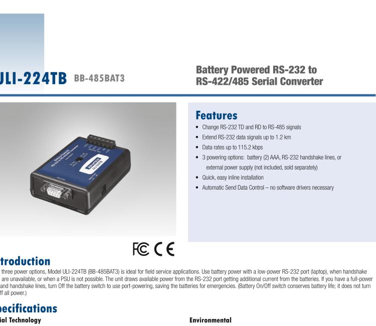 研華BB-485BAT3 ULI-224TB RS-232（DB9母頭至RS-422/485（接線端子）轉(zhuǎn)換器，電池供電