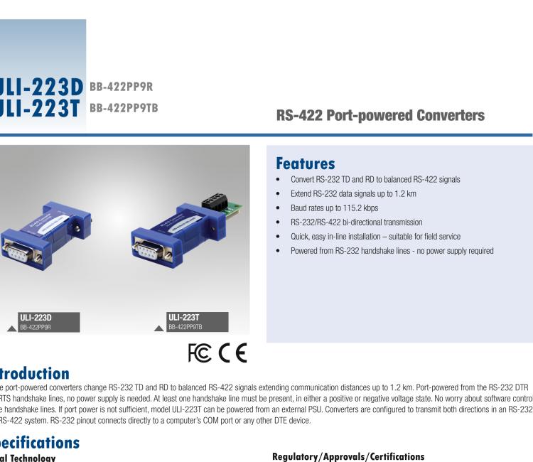 研華BB-422PP9TB ULI-223T RS-232（DB9母頭）至RS-422（接線端子）轉(zhuǎn)換器，端口供電