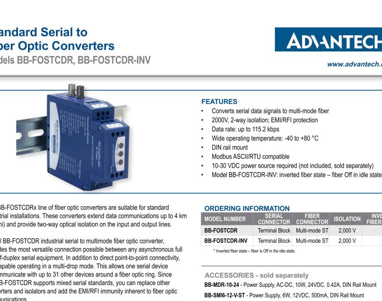 研華BB-FOSTCDR-INV 串口轉(zhuǎn)換器，RS-232/422/485 TB至MM光纖ST（反向），工業(yè)DIN