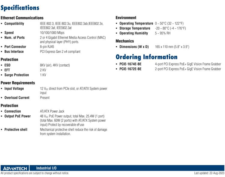 研華PCIE-1672E-BE 2-ports PCI Express PoE+ GigE Vision Frame Grab